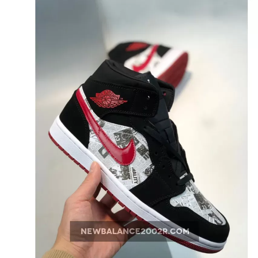 Air Jordan 1 Mid ‘Newspaper Air Times’ Black/Gym Red-White