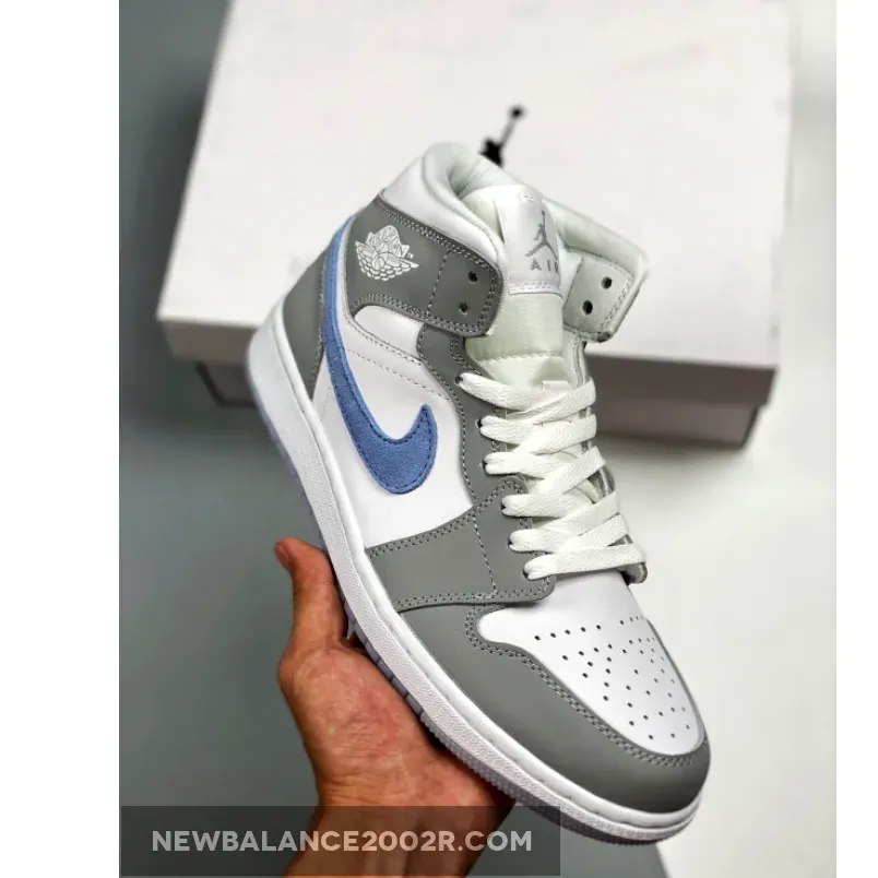 Air Jordan 1 Mid Grey White With Blue Suede Swooshes